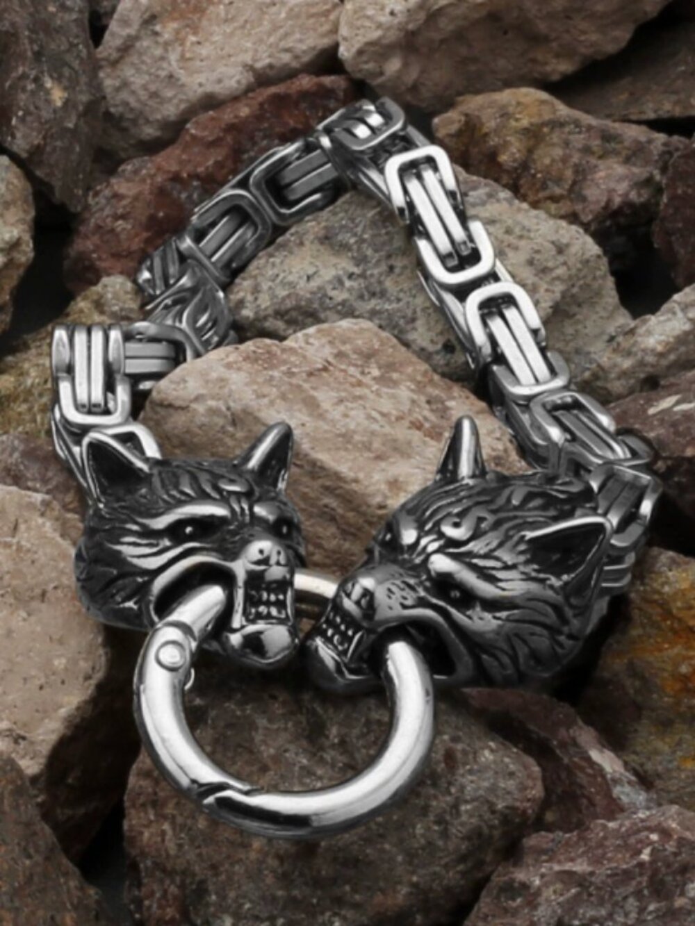 Antiqued Silver Tone Double Wolf Head Chain Bracelet Unisex